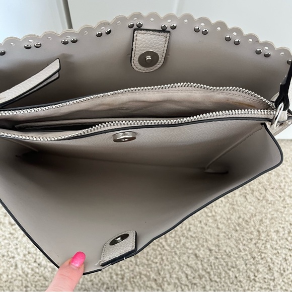 Nanette Lepore Scalloped Edge Studded Pebbled Grey Adjustable Strap Zipper Purse - Picture 7 of 16